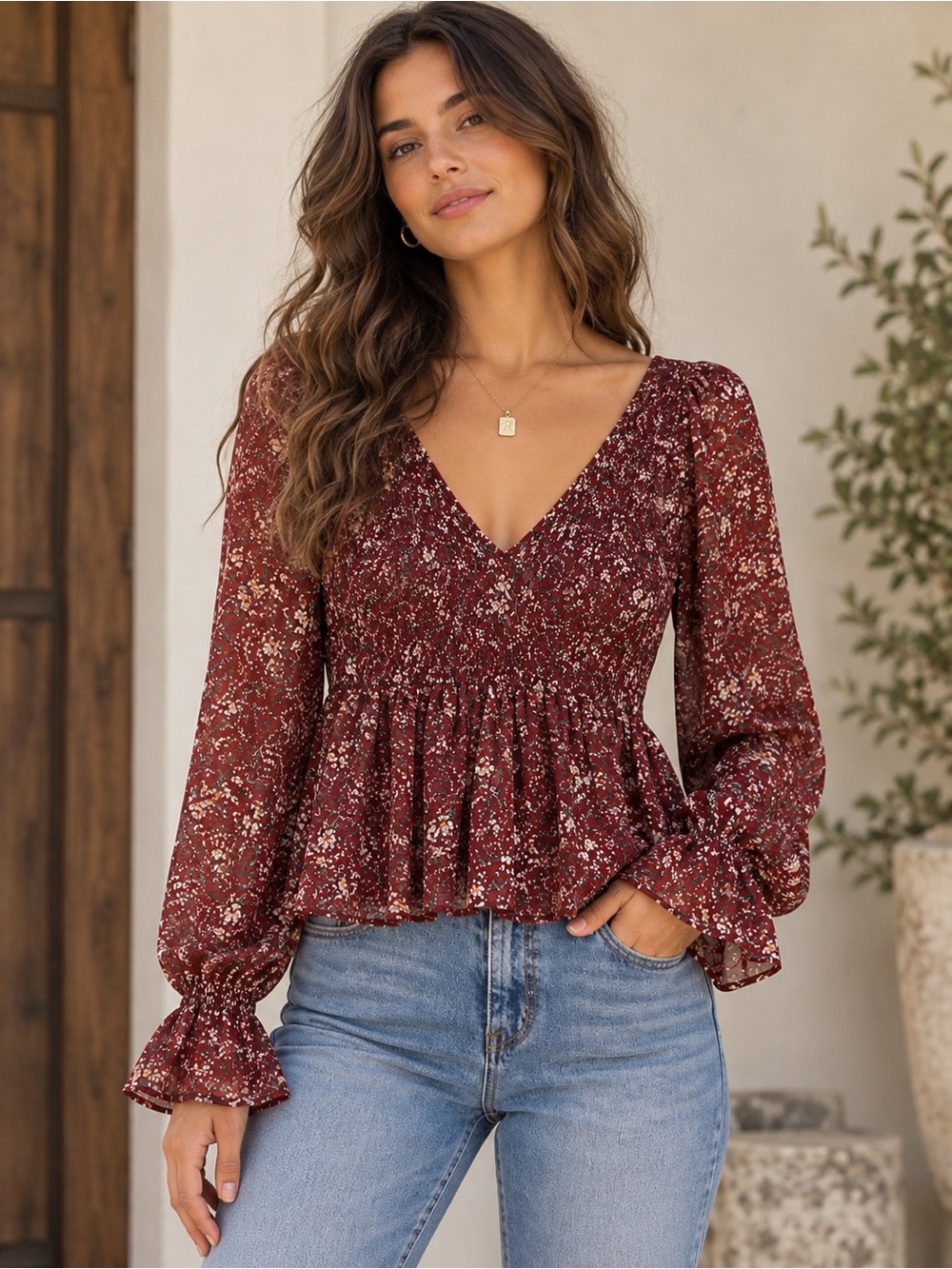 She + Sky Burgundy Floral Smocked Peplum Blouse Boho Medium